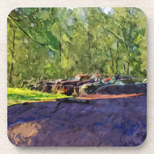 Line of Rusty Old Cars and Trucks Abstract Coaster
