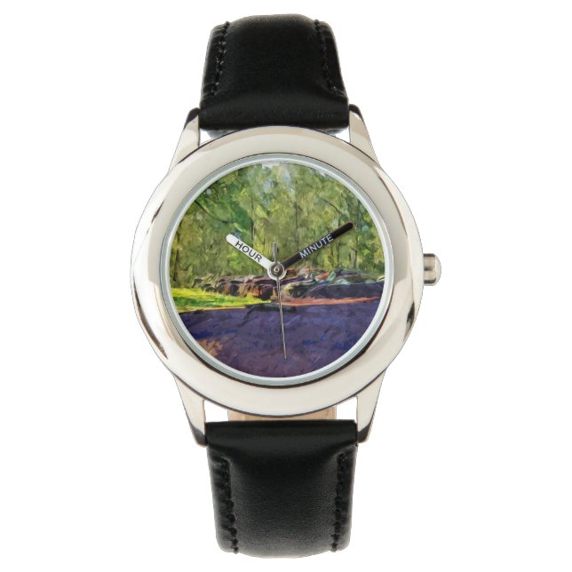 Line of Rusty Old Cars and Trucks Abstract Watch (Front)