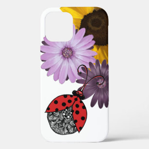 Line tangle ladybug with realistic flowers iPhone 12 case