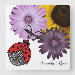 Line tangle ladybug with realistic flowers square wall clock