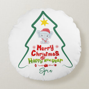 Line Tree Christmas and Happy New Year Elephant Round Pillow