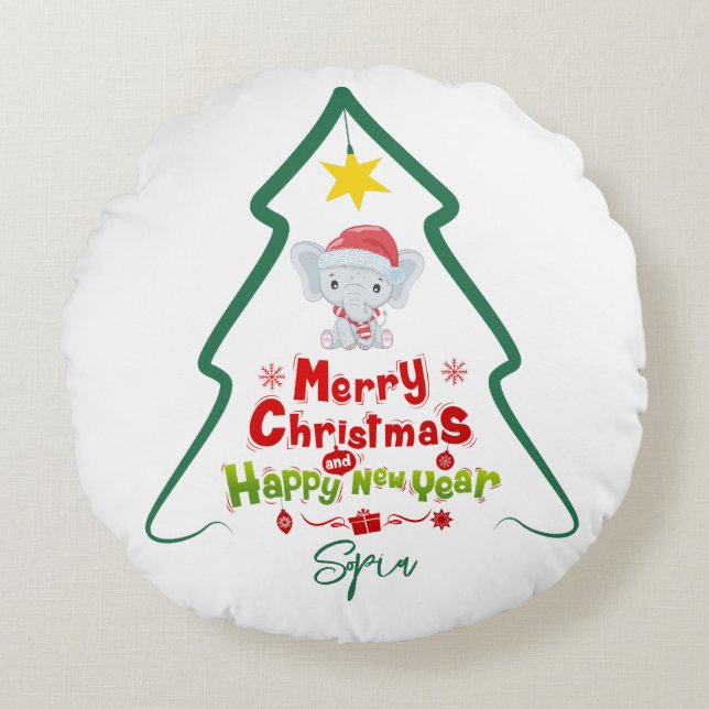 Line Tree Christmas and Happy New Year Elephant Round Pillow (Front)