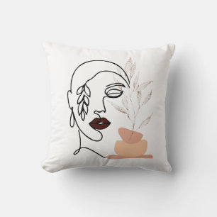 Linear female beauty simple face botanical element throw pillow