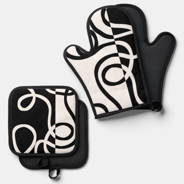 Linear Persuasion I: Abstract Black & White Oven Mitt & Pot Holder Set (Front/Back)
