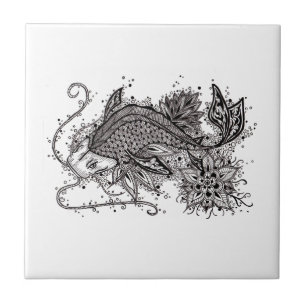 Lineart Koi Tattoo Ceramic Tile