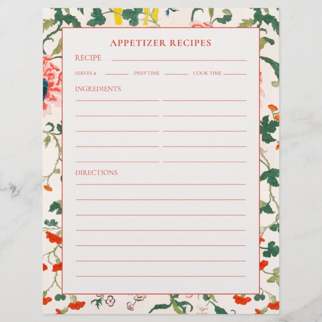 Lined Appetizer Recipe Page | Blooming Floral (Front)