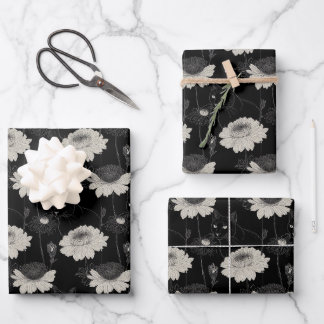Lined Black Cat With White Flowers Wrapping Paper Sheet
