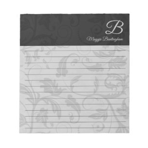 Lined Black Damask with Name and Monogram Notepad