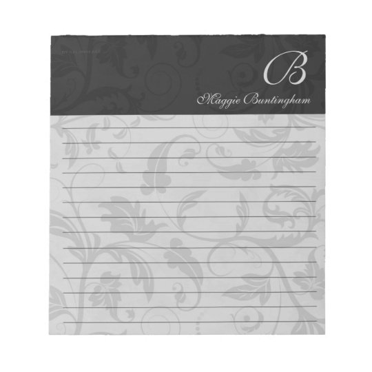 Lined Black Damask with Name and Monogram Notepad