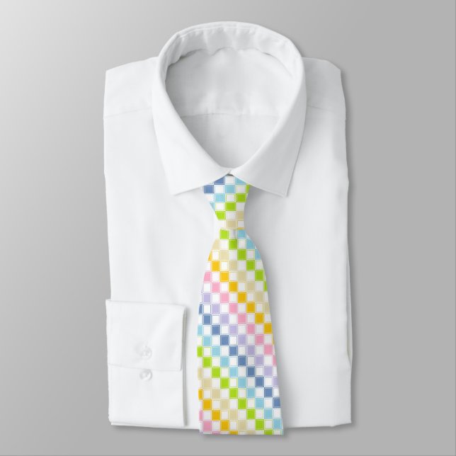 Lined Chequered Pastel Rainbow White Tie (Tied)