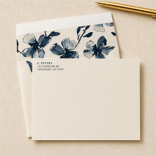 Lined Envelope Elegant Blue Watercolor Flowers
