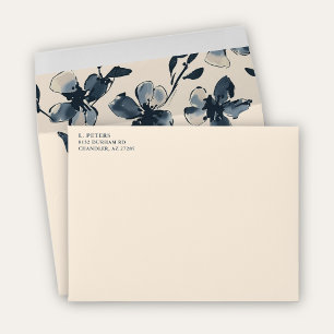 Lined Envelope Elegant Blue Watercolor Flowers