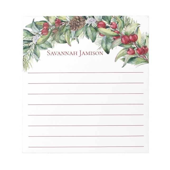 Lined Fir Branch, Holly Berries, Holly Leaves Notepad (Front)
