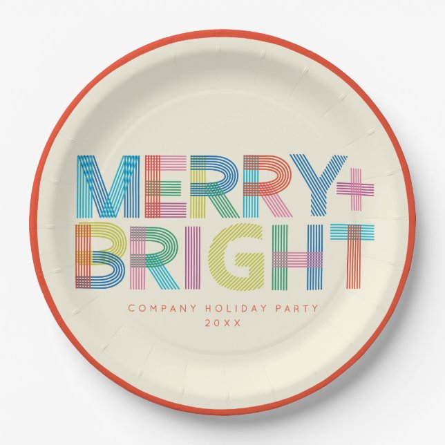 Lined Merry + Bright holiday typography Paper Plate (Front)