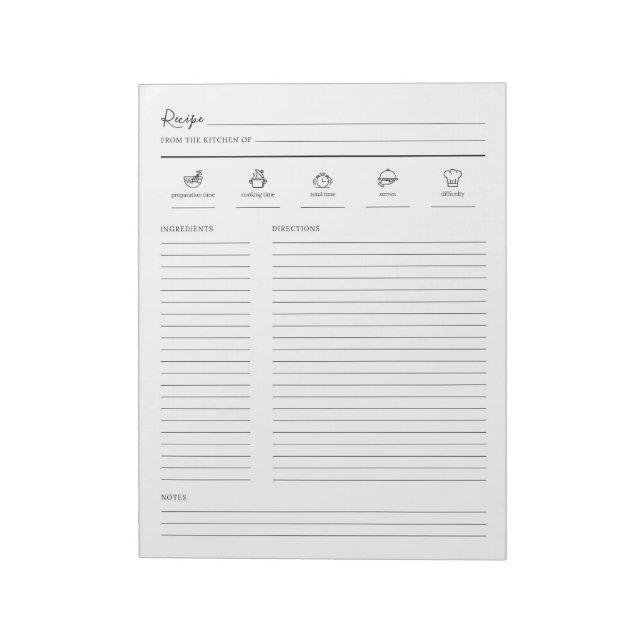Lined Minimalist Modern Recipe Sheet Cookbook Page Notepad (Rotated)