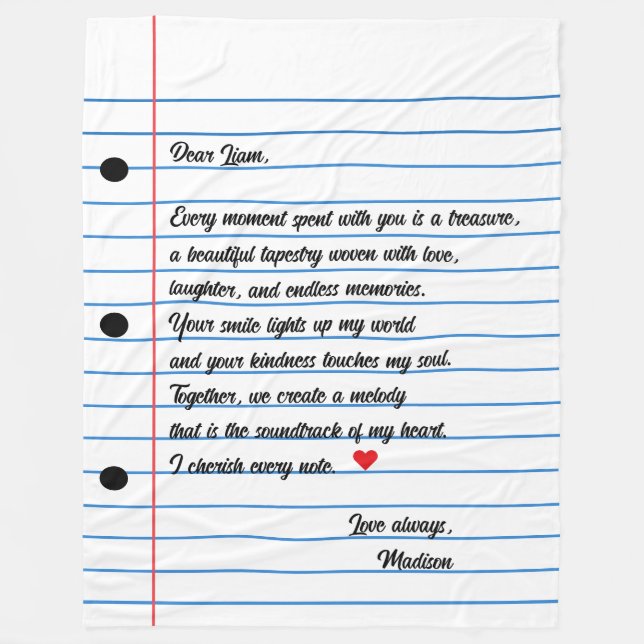 Lined Paper Letter Script Love Note Fleece Blanket (Front)