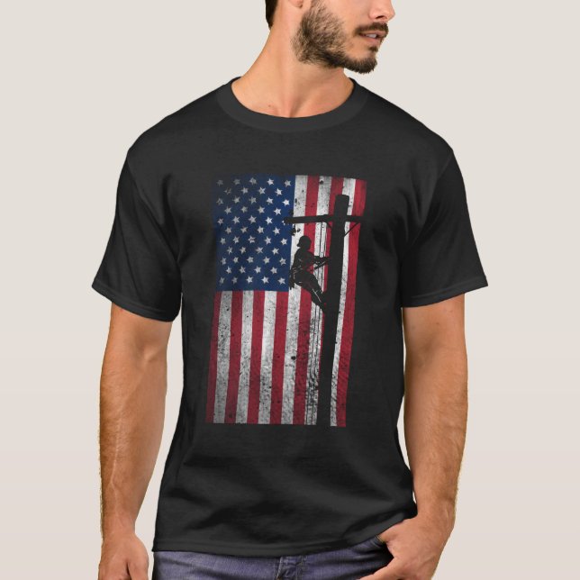 Lineman American Flag Electric Lineman Gift T-Shirt (Front)