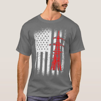 Lineman American Flag Retro Electrician Labour Day T-Shirt