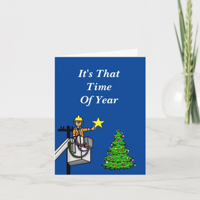 Lineman in Bucket Putting Star on Tree Card        (Front)