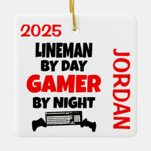 Lineman Loves Playing Video Games Ceramic Ornament