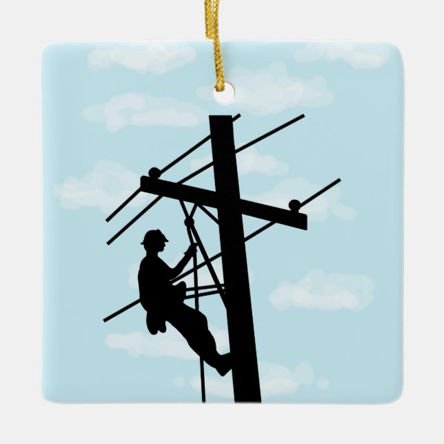 Lineman on Pole Silhouette Personalized Ornament (Front)