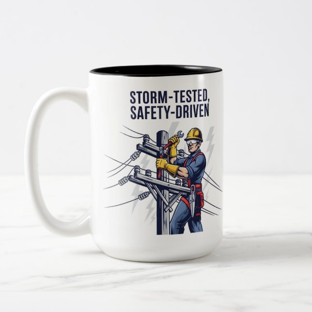 Lineman Storm Restoration Gift Two-Tone Coffee Mug (Left)