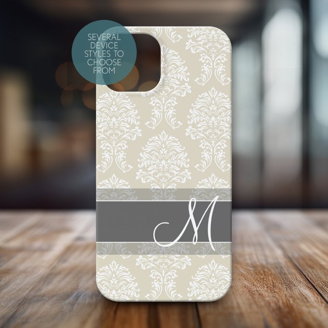 Linen and Charcoal Damask Pattern with Monogram Case-Mate iPhone Case (Personalized Phone Case with Monogram)