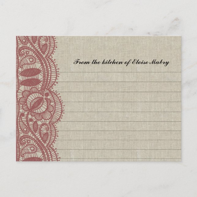 Linen and Marsala Lace Personalized Recipe Cards (Front)