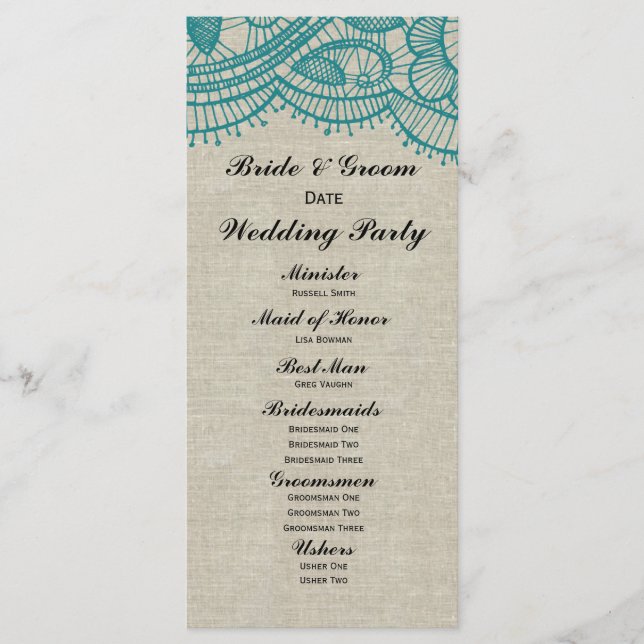 Linen and Teal Lace Wedding Program (Front)