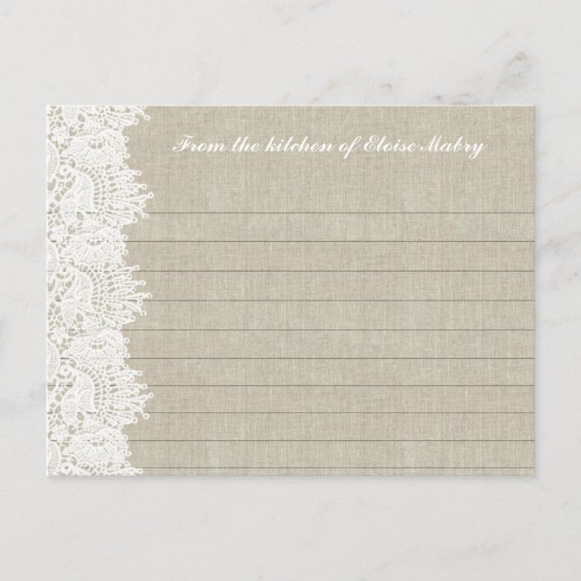 Linen and White Lace Personalized Recipe Cards (Front)