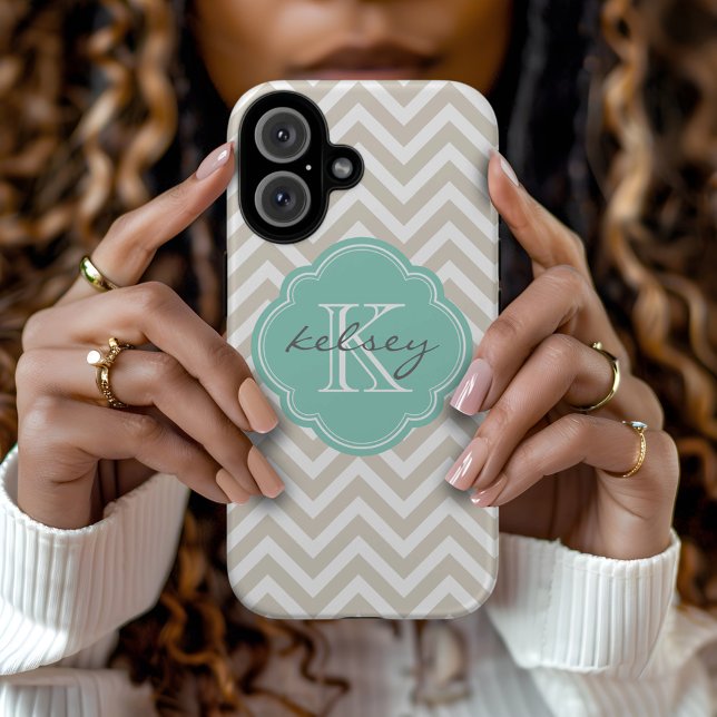 Linen Beige and Aqua Chevron Custom Monogram Case-Mate iPhone Case (Creator Uploaded)
