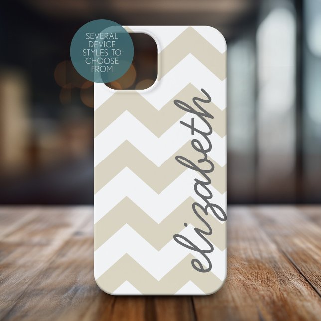 Linen Beige and Charcoal Chevrons and Name Case-Mate iPhone Case (Personalized Phone Case with Chevrons and Custom Name)