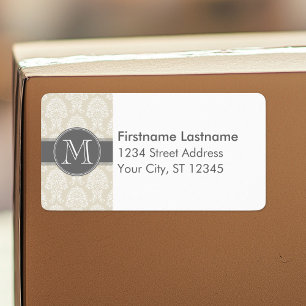 Linen Beige and Charcoal Damask Pattern Label