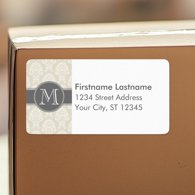 Linen Beige and Charcoal Damask Pattern Label (Custom Shipping Label with Return Address)