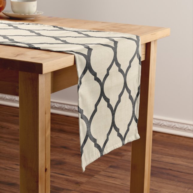 Linen Beige and Charcoal Moroccan Quatrefoil Short Table Runner (In Situ)