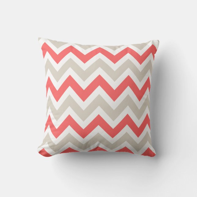 Linen Beige and Coral Chevron Throw Pillow (Front)
