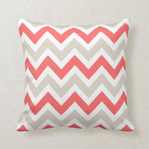 Linen Beige and Coral Chevron Throw Pillow