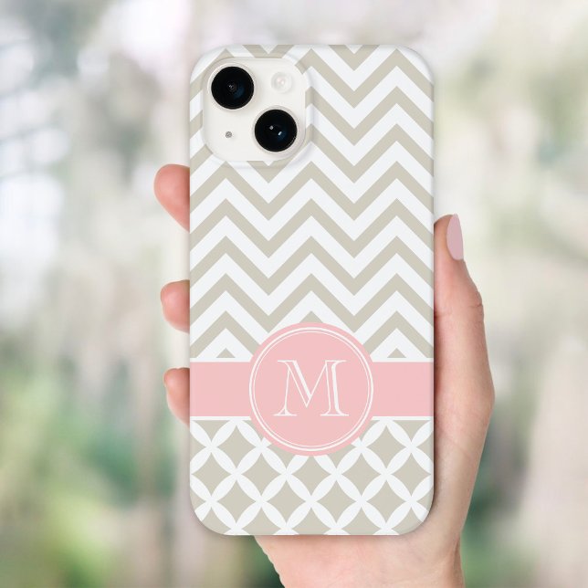 Linen Beige and Pink Chevron Custom Monogram Case-Mate iPhone Case (Creator Uploaded)