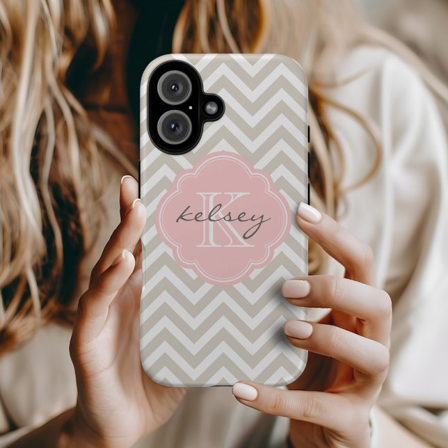 Linen Beige and Pink Chevron Custom Monogram Case-Mate iPhone Case (Creator Uploaded)