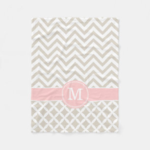 Linen Beige and Pink Chevron Custom Monogram Fleece Blanket