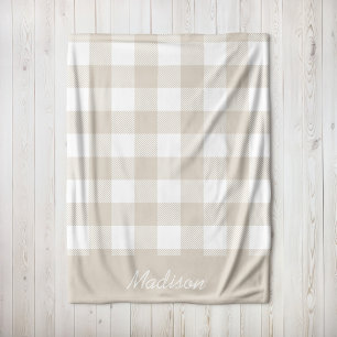 Linen Beige and White Buffalo Check Monogram Fleece Blanket