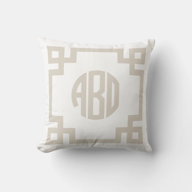 Linen Beige and White Greek Key Circle Monogram Throw Pillow (Front)