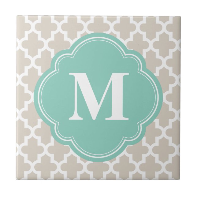 Linen Beige & Aqua Modern Moroccan Custom Monogram Tile (Front)