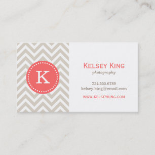 Linen Beige & Coral Chevron Custom Monogram Business Card
