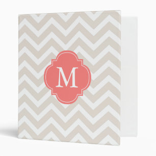 Linen Beige & Coral Zigzags Pattern Monogram Binder