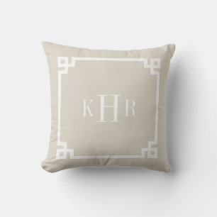 Linen Beige Greek Key Border Custom Monogram Throw Pillow