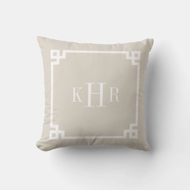 Linen Beige Greek Key Border Custom Monogram Throw Pillow (Front)