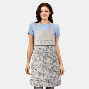 Linen Beige & Grey Floral Cook's Name Kitchen Apron