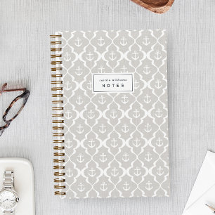 Linen Beige Nautical Anchor Ogee Personalized Notebook
