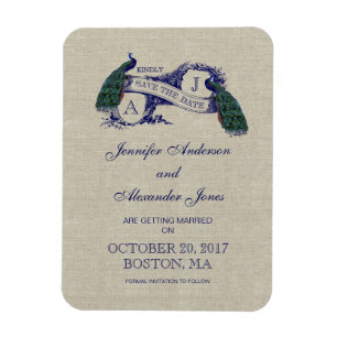 Linen Blue Peacock Save the Date Magnet